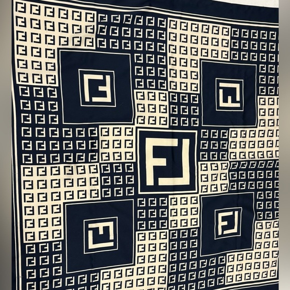 Vintage Designer Inspired Silk Feel Scarf Navy Blue Zucca Square Made in Italy - Picture 9 of 11